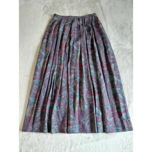Vintage A Line Wool Silk Red Green Blue Paisley Peated Midi Skirt Size 10 USA